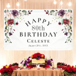ボホレッド赤面とパープル80th誕生日パーティー 横断幕<br><div class="desc">バーガンディな赤、赤面ピンク、梅の紫ユニーク、桃の色の組み合わせのbohoフローラコーナーの花束と美しい水の色のフローラの誕生日パーティバナーが散在する豪華な緑。夏の中頃から秋、冬の間を通してお祝いに最適な選択をする。名誉のゲストの名前と誕生日の日付でこのバナーをパーソナライズする。80歳祝の誕生日を示し、年齢を任意の年齢にパーソナライズできる。</div>