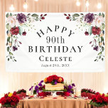 ボホレッド赤面とパープル90th誕生日パーティー 横断幕<br><div class="desc">バーガンフェミニンディーレッド、赤面ピンク、プラムパープル、桃の色の組み合わせユニークで、bohoフローラコーナーの花束と水の色のフローラ誕生日パーティーのバナーが散在する豪華な緑。夏の中頃から秋、冬の間を通してお祝いに最適な選択をする。名誉のゲストの名前と誕生日の日付でこのバナーをパーソナライズする。90歳祝の誕生日を示し、年齢を任意の年齢にカスタマイズできる。</div>