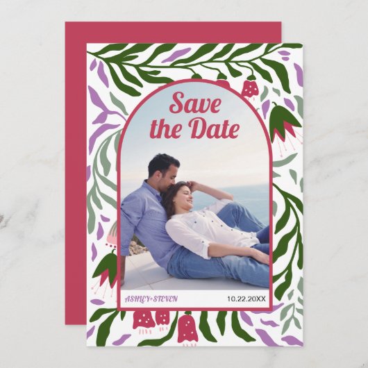 ボホレトロなアーチカラフル民俗花マゼンタ セーブザデート (正面/裏面)