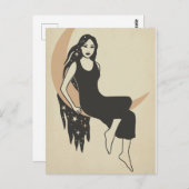 ボホレトロな女性が長い髪の三日月月を星にする ポストカード (正面/裏面)