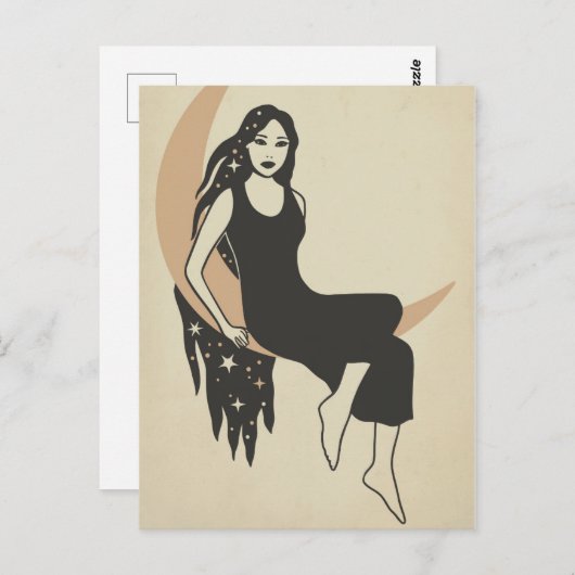 ボホレトロな女性が長い髪の三日月月を星にする ポストカード (正面/裏面)