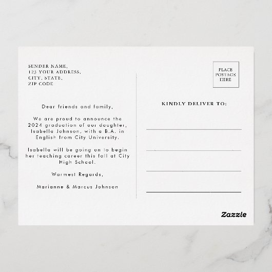 ボホレトロタイポグラフィ写真卒業 箔招待状ポストカード (裏面)