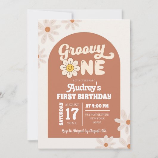 ボホレトロデイジーグルーヴィワンファースト誕生日 招待状 (正面)