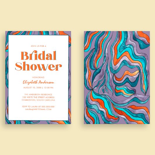 ボホレトロパープルタイポグラフィウェーブライダルシャワー 招待状