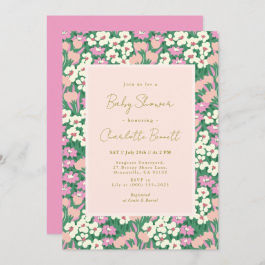 ボホレトロピンクセージフローラベビーシャワー 招待状 (正面/裏面)