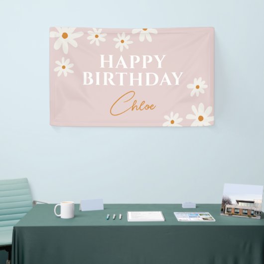 ボホレトロピンクデイジーフローラハッピーバースデー 横断幕 (トレードショー)