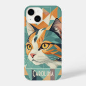 ボホレトロ抽象芸術猫ポートレートオレンジグリーン iPhoneケース (裏面)