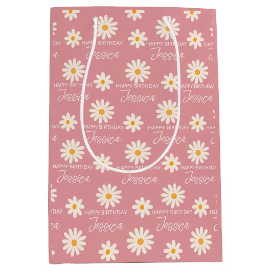 ボホレトロ砂漠デイジーパーソナライズされた誕生日 ミディアムペーパーバッグ (正面)