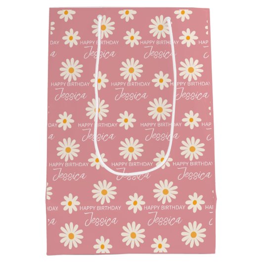 ボホレトロ砂漠デイジーパーソナライズされた誕生日 ミディアムペーパーバッグ (裏面)