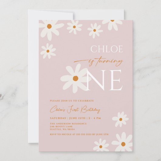 ボホレトロ赤面ピンクデイジーガールファースト誕生日 招待状 (正面)