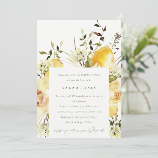 ボホレモンイエローウォーターカラーフローラブライダルシャワー 招待状 (スタンド正面)