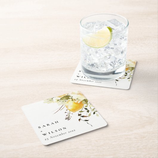 ボホレモンイエローウォーターフローラ結婚ズ スクエアペーパーコースター (インサイチュ)