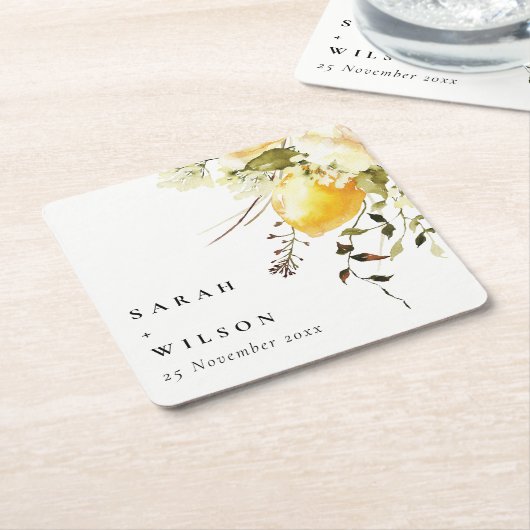 ボホレモンイエローウォーターフローラ結婚ズ スクエアペーパーコースター (アングル)