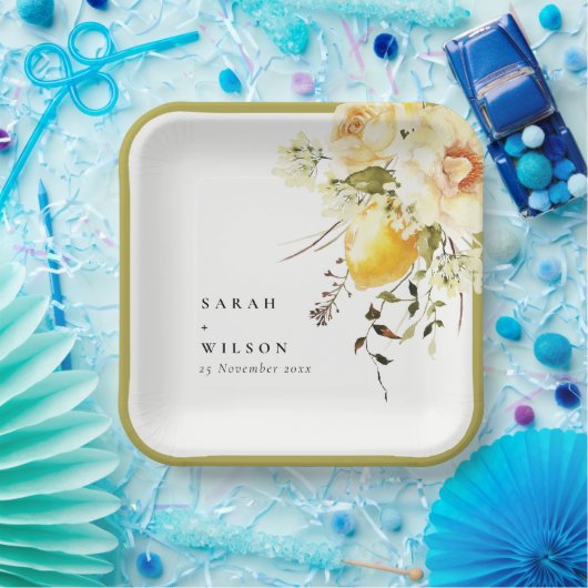 ボホレモンイエローウォーターフローラ結婚ズ ペーパープレート (パーティー)