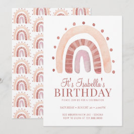 ボホローズピンクブラウンレインボーキッズバースデーパーティー 招待状