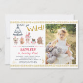 ボホワイルドアニマルズピンク金ゴールドガール誕生日写真 招待状 (正面)