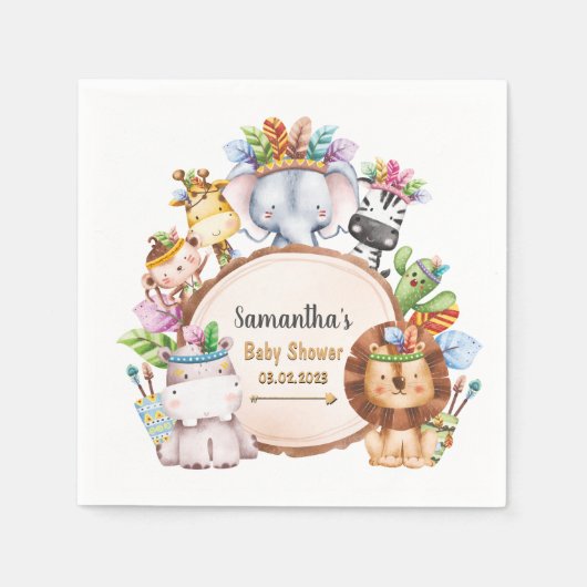 ボホワイルドキラフゼブラゾウ赤ちゃんシャワー スタンダードカクテルナプキン (正面)