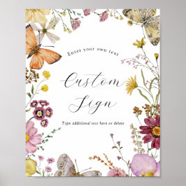 ボホワイルドフラワーと蝶カスタム文字標識 ポスター