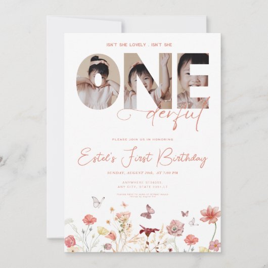 ボホワイルドフラワーは彼女は1日の誕生日のダーフル 招待状 (正面)