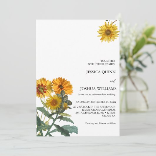ボホワイルドフラワーひまわり結婚の黄色いフローラ 招待状 (スタンド正面)