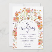 ボホワイルドフラワーアーチネイビーブルー結婚ホワイト 招待状 (正面)