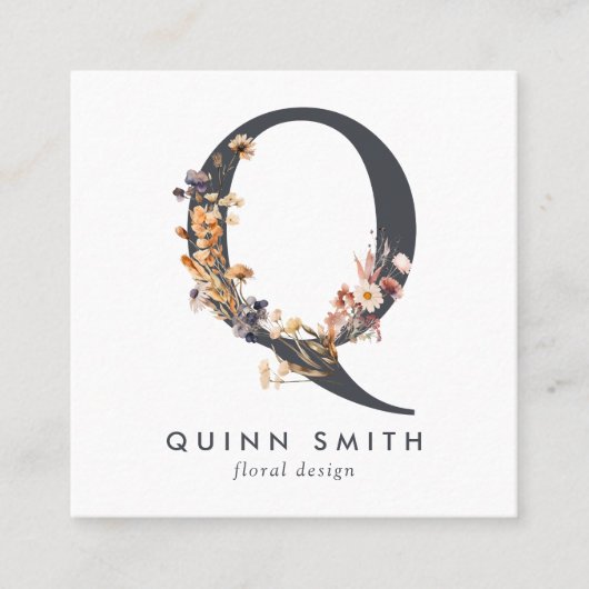 ボホワイルドフラワーイニシャルQ QRコード スクエア名刺 (正面)