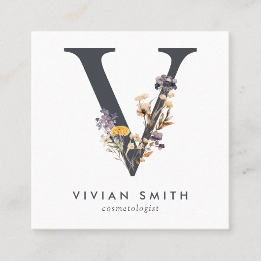 ボホワイルドフラワーイニシャルV QRコード スクエア名刺 (正面)