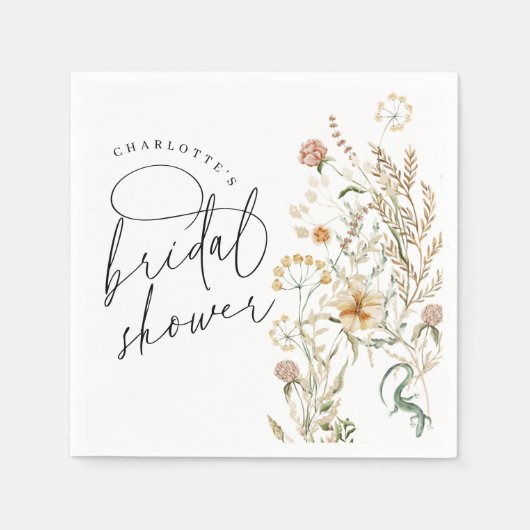 ボホワイルドフラワーウォータカラーミニマルブライダルシャワー スタンダードカクテルナプキン (正面)