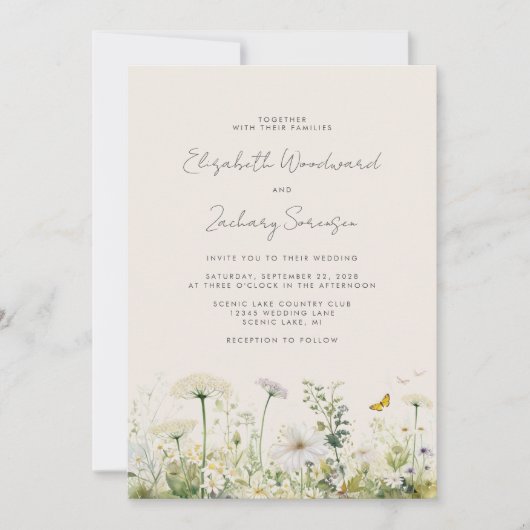 ボホワイルドフラワーウォータカラー結婚フローラ 招待状 (正面)