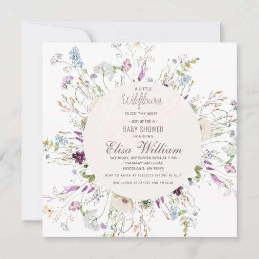 ボホワイルドフラワーウォーターカラーベビーシャワー招待状 招待状 (正面)