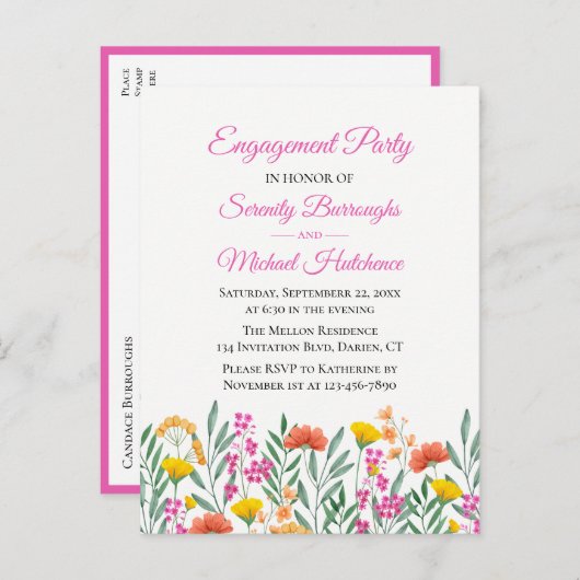ボホワイルドフラワーウォーター色フローラ婚約パーティ インビテーションポストカード (正面/裏面)