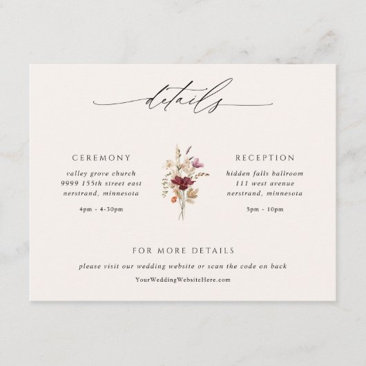 ボホワイルドフラワーエレガントな結婚式詳細 エンクロージャーカード (正面)