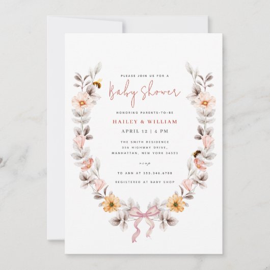 ボホワイルドフラワーエレガントリースベビースワーシャワー 招待状 (正面)