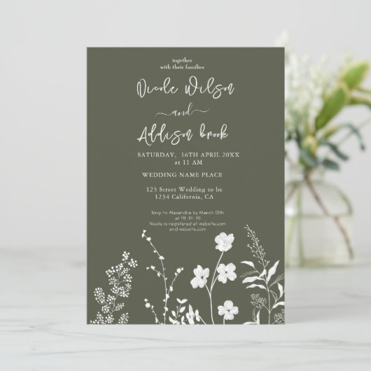 ボホワイルドフラワーオリーブグリーン結婚式招待状 招待状 (スタンド正面)
