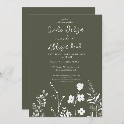 ボホワイルドフラワーオリーブグリーン結婚式招待状 招待状 (正面/裏面)