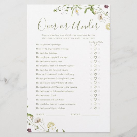 ボホワイルドフラワーオーバーまたはブライダルシャワーゲーム (正面)