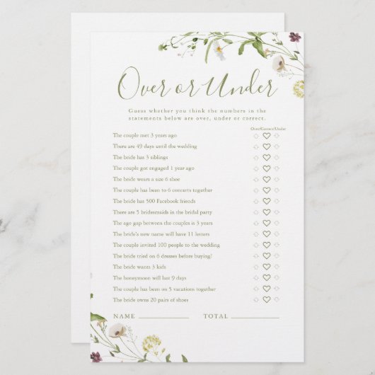 ボホワイルドフラワーオーバーまたはブライダルシャワーゲーム (正面/裏面)