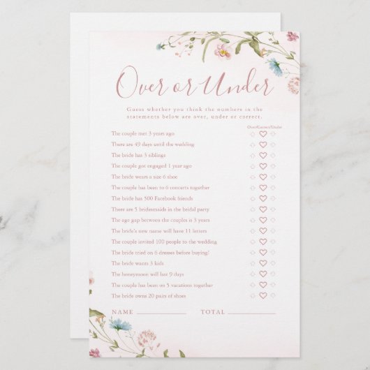 ボホワイルドフラワーオーバーまたはブライダルシャワーゲーム (正面/裏面)