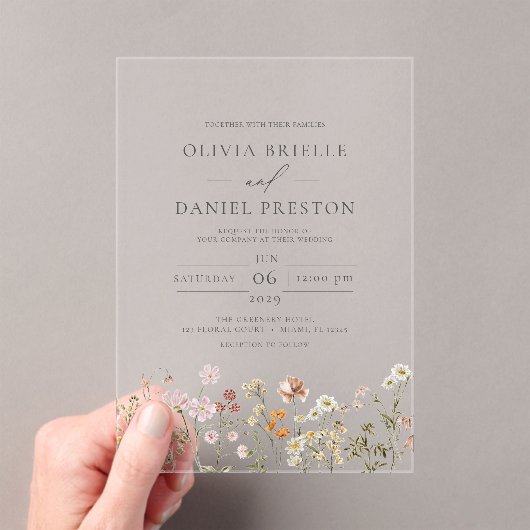 ボホワイルドフラワーガーデンチャコールグレイ結婚ズ アクリル招待状 (インサイチュ (ポータブル))