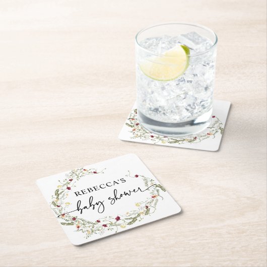 ボホワイルドフラワーグリーンベイビーシャワー スクエアペーパーコースター (インサイチュ)