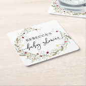 ボホワイルドフラワーグリーンベイビーシャワー スクエアペーパーコースター (アングル)
