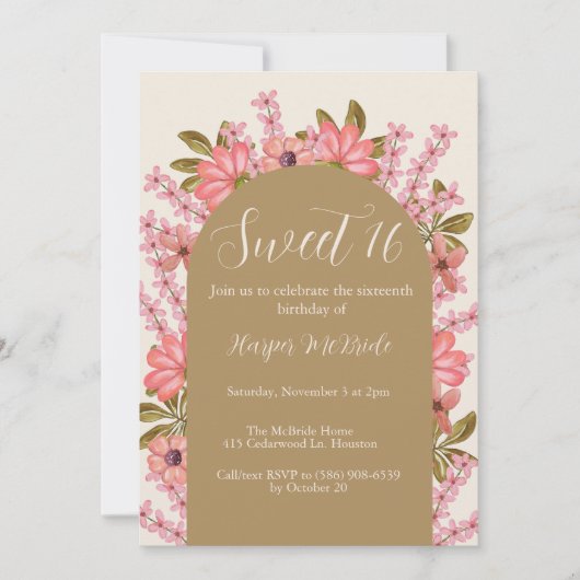 ボホワイルドフラワースウィート16誕生日かわいらしフローラ 招待状 (正面)