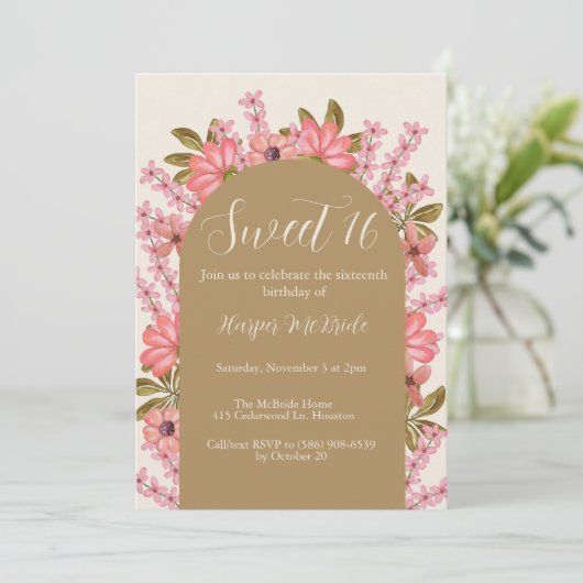 ボホワイルドフラワースウィート16誕生日かわいらしフローラ 招待状 (スタンド正面)