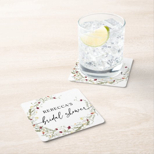 ボホワイルドフラワーズグリーンリーブライダルシャワー スクエアペーパーコースター (インサイチュ)