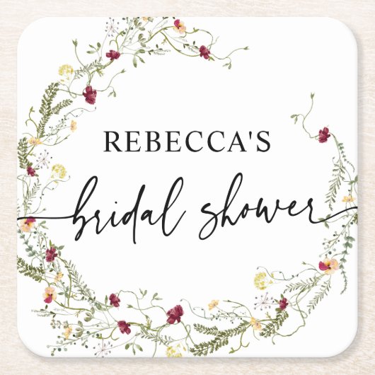 ボホワイルドフラワーズグリーンリーブライダルシャワー スクエアペーパーコースター (正面)