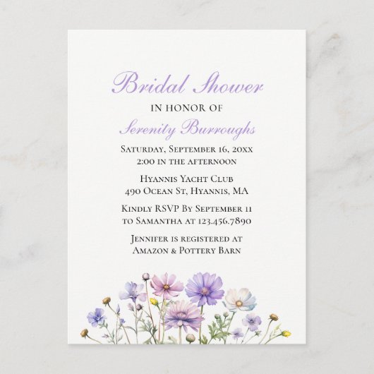 ボホワイルドフラワーズパープルフローラブライダルシャワー インビテーションポストカード (正面)