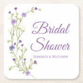 ボホワイルドフラワーズパープルフローラブライダルシャワー スクエアペーパーコースター (正面)