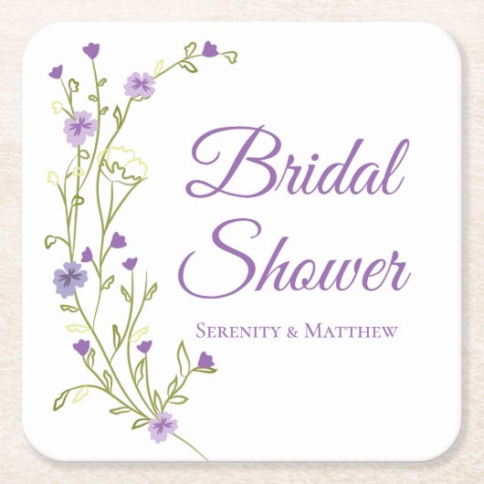 ボホワイルドフラワーズパープルフローラブライダルシャワー スクエアペーパーコースター (正面)