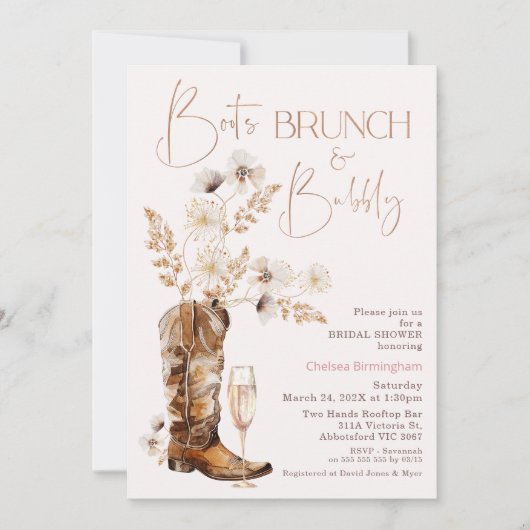 ボホワイルドフラワーズブーツブルンチバーブリーブライダルシャワー 招待状 (正面)