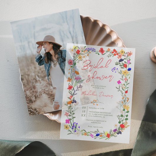 ボホワイルドフラワーズ春サマーブライダルシャワー ベラム紙招待状